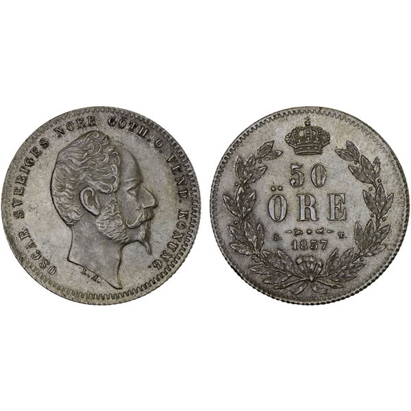 SWEDEN: Oscar I, 1844-1859, AR 50 öre, 1857, AU
