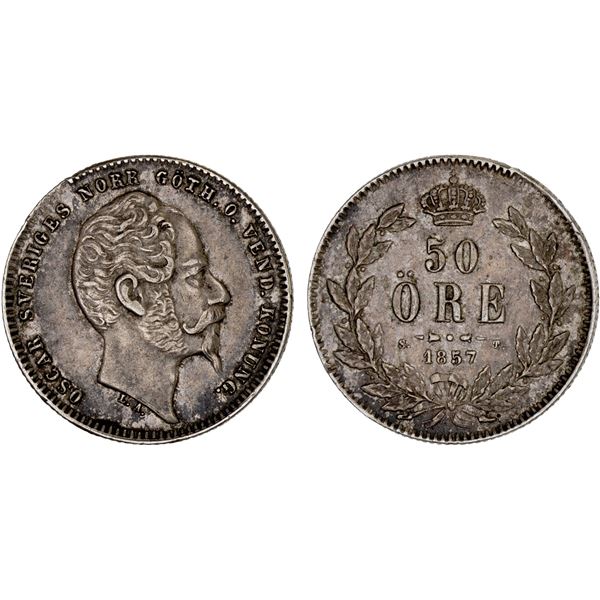 SWEDEN: Oscar I, 1844-1859, AR 50 öre, 1857, XF