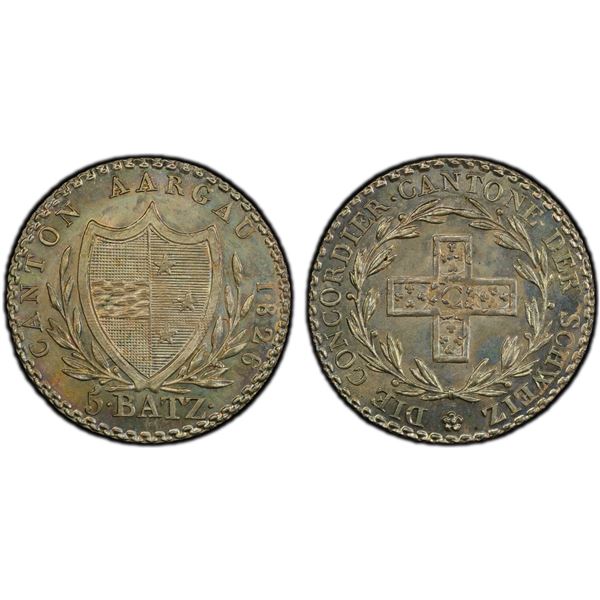 SWITZERLAND: AARGAU: Canton, AR 5 batzen, 1826, PCGS MS66