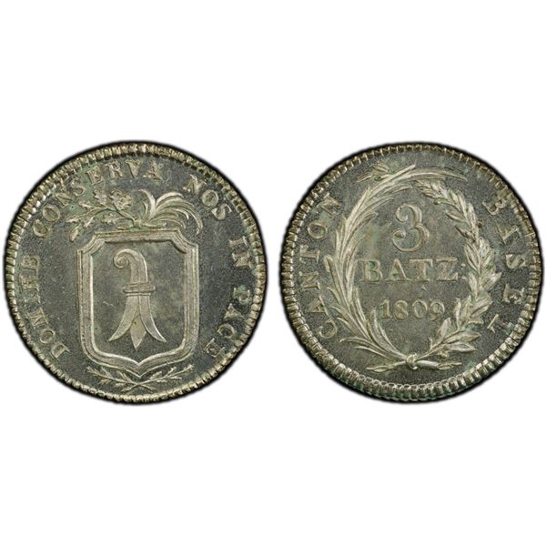SWITZERLAND: BASEL: Canton, AR 3 batzen, 1809, PCGS MS65