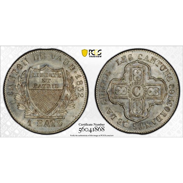 SWITZERLAND: VAUD: Canton, BI batzen, 1832-BEL, PCGS MS67