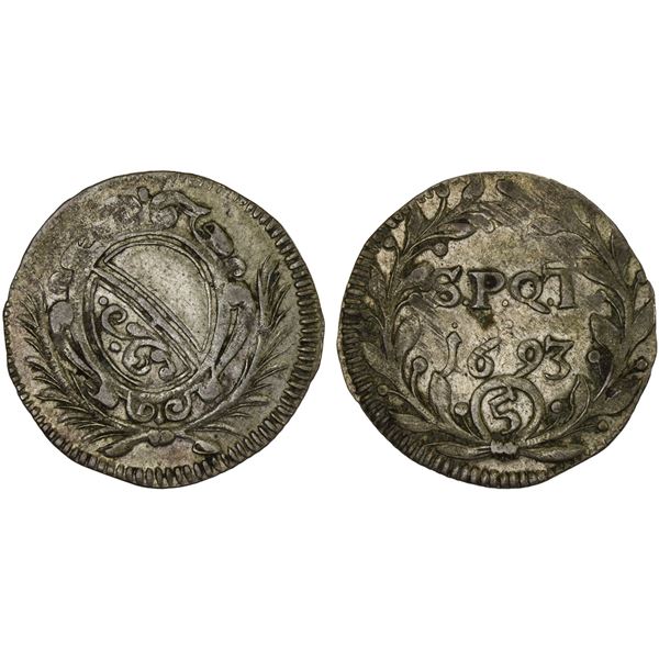 SWITZERLAND: ZÜRICH: Canton, AR 5 schilling, 1693, XF