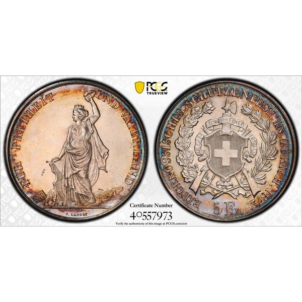 SWITZERLAND: Confederation, AR 5 francs, 1872, PCGS MS62