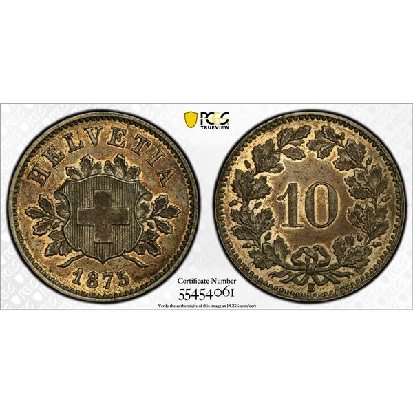 SWITZERLAND: Confederation, BI 10 rappen, 1875-B, PCGS MS62