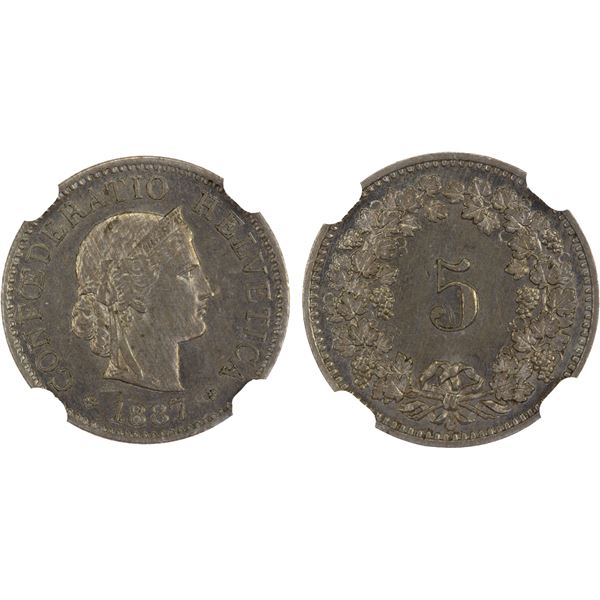 SWITZERLAND: Confederation, 5 rappen, 1887-B, NGC MS63
