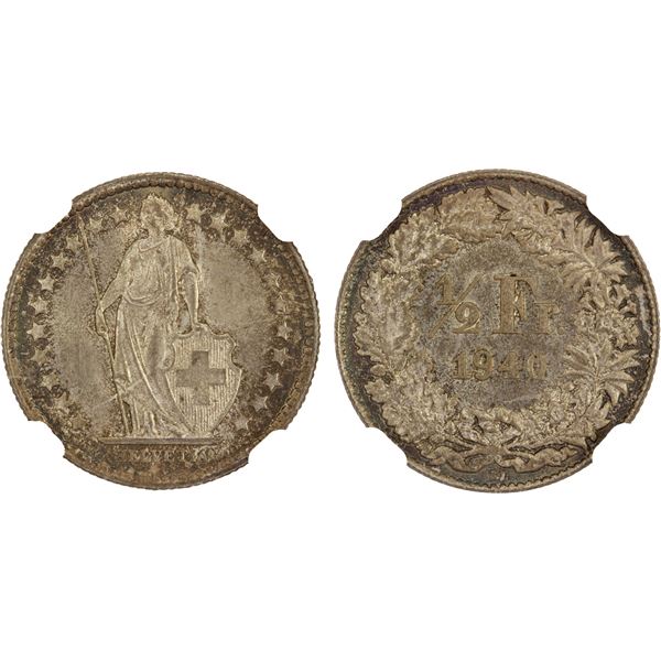 SWITZERLAND: Confederation, AR 1/2 franc, 1908-B, NGC MS66
