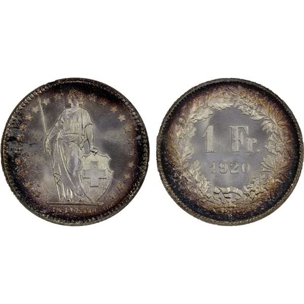 SWITZERLAND: Confederation, AR franc, Bern, 1920-B, NGC MS66