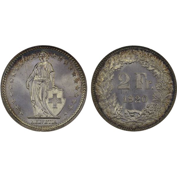 SWITZERLAND: Confederation, AR 2 francs, 1920-B, NGC MS64