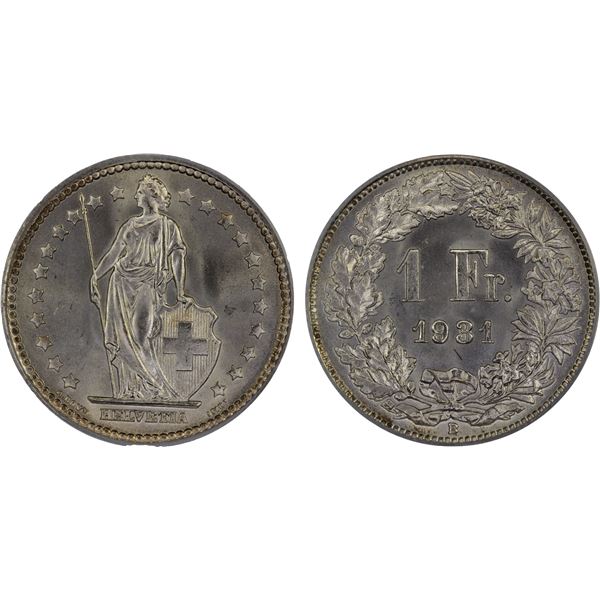 SWITZERLAND: Confederation, AR franc, Bern, 1931-B, PCGS MS67