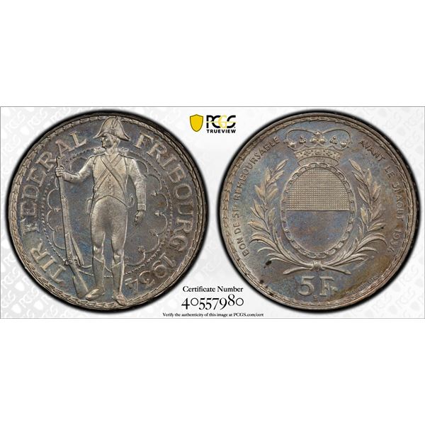 SWITZERLAND: Confederation, AR 5 francs, 1934-B, PCGS MS65