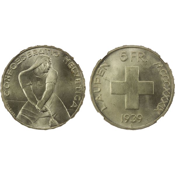SWITZERLAND: Confederation, AR 5 francs, Bern, 1939-B, NGC MS66