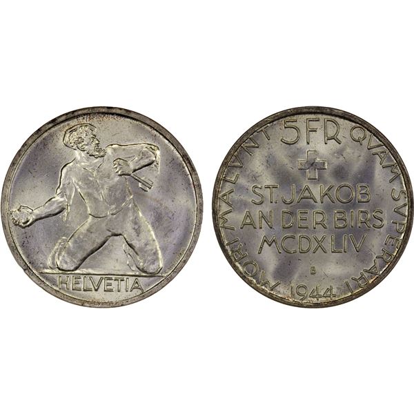 SWITZERLAND: Confederation, AR 5 francs, Bern, 1944-B, NGC MS65