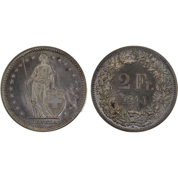 SWITZERLAND: Confederation, AR 2 francs, 1944-B, PCGS Specimen 66