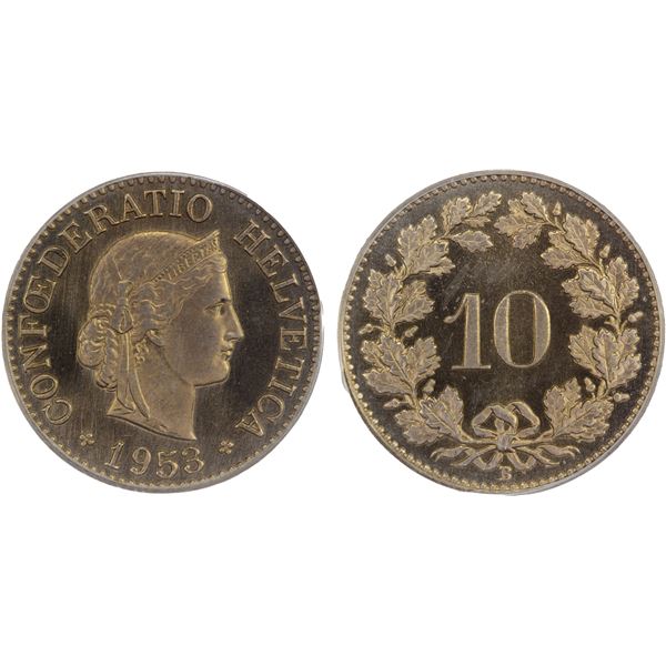 SWITZERLAND: Confederation, 10 rappen, Bern, 1953-B, PCGS Specimen 67