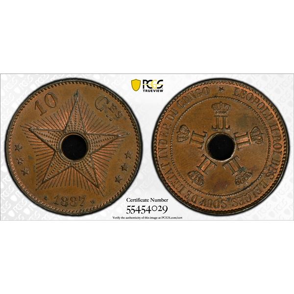 CONGO FREE STATE: Leopold II, 1885-1909, AE 10 centimes, 1887, PCGS MS64 BN