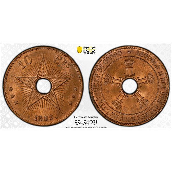 CONGO FREE STATE: Leopold II, 1885-1909, AE 10 centimes, 1889, PCGS MS65 RB