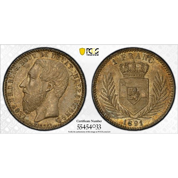 CONGO FREE STATE: Leopold II, 1885-1909, AR franc, 1891, PCGS MS64