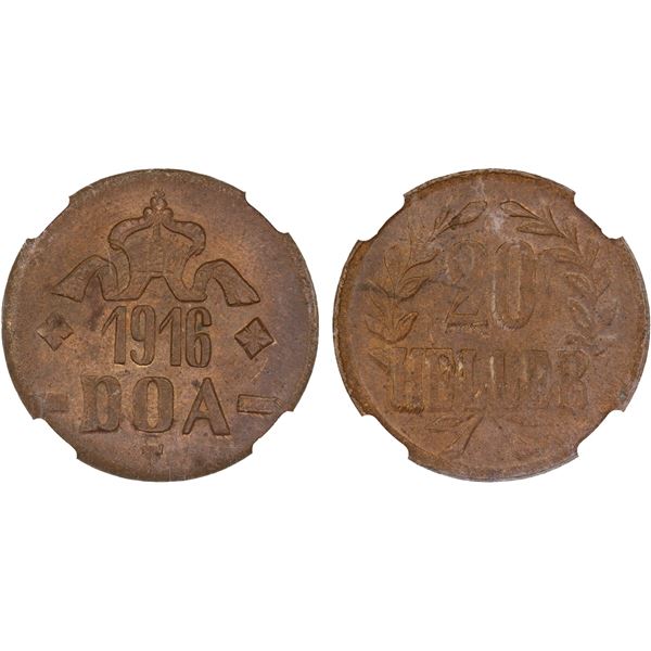 GERMAN EAST AFRICA: Wilhelm II, 1888-1918, AE 20 heller, 1916-T, NGC MS64 BN