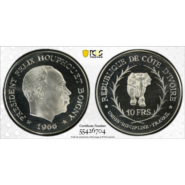 IVORY COAST: Felix Houphouet Boigny, President, 1960-1993, AR 10 francs, 1966, PCGS PF69 Deep Cameo