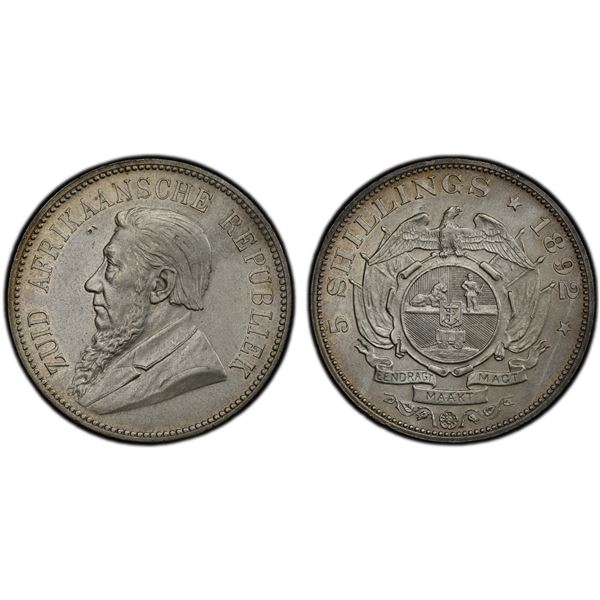 SOUTH AFRICA: Zuid-Afrikaansche Republiek, AR 5 shillings, 1892, PCGS AU details