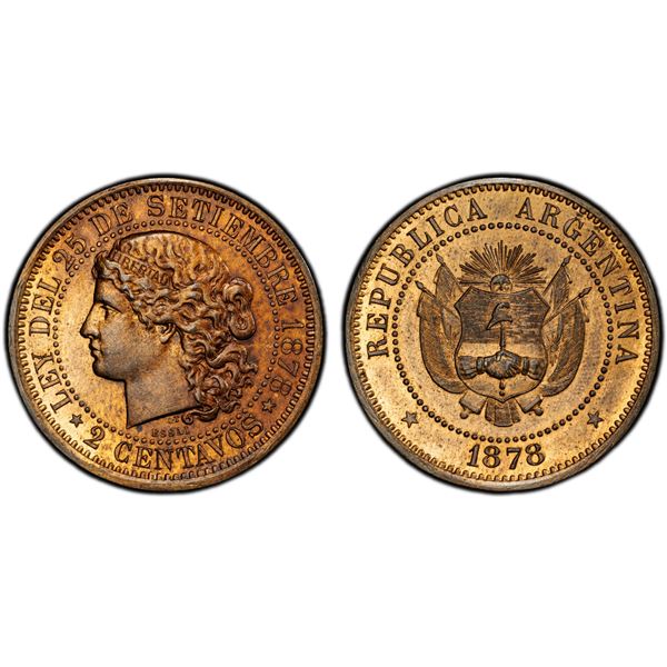 ARGENTINA: Republic, AE 2 centavos, 1878, PCGS Specimen 63 RB