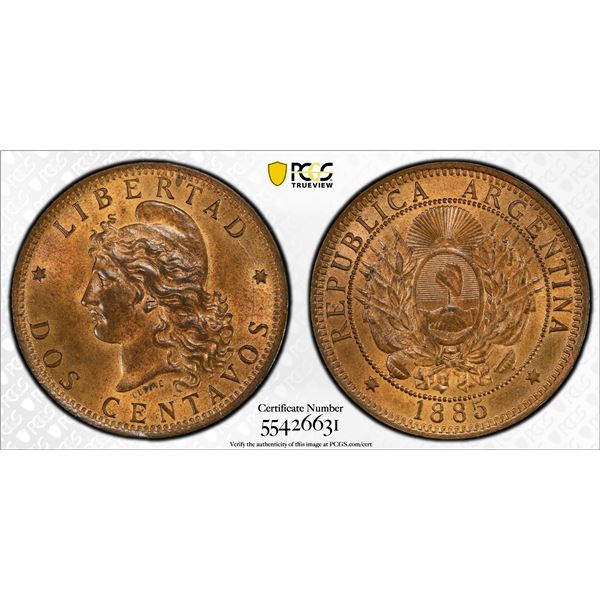 ARGENTINA: Republic, AE 2 centavos, 1885, PCGS MS64 RB