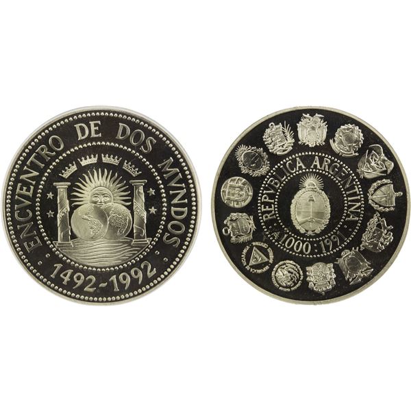 ARGENTINA: Republic, AR 1000 australes, 1991, PCGS Proof 68 CAM