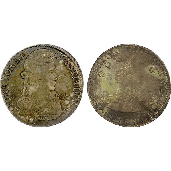 BOLIVIA: Republic, AR 8 soles, 1840-PTS, NGC AU58 in Trader Bea promotional holder