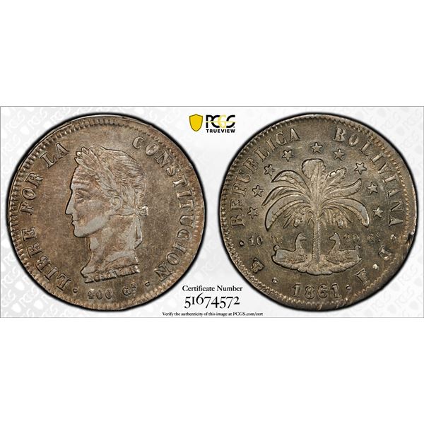 BOLIVIA: Republic, AR 8 soles, 1861-PTS, PCGS AU55
