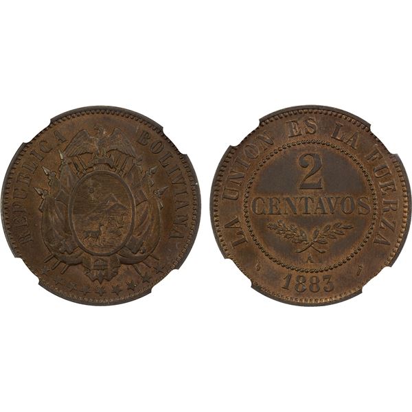 BOLIVIA: Republic, AE 2 centavos, 1883, NGC MS64 RB