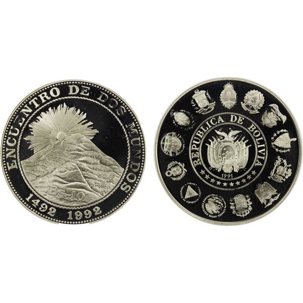 BOLIVIA: Republic, AR 10 bolivianos, 1991, PCGS Proof 69 DCAM
