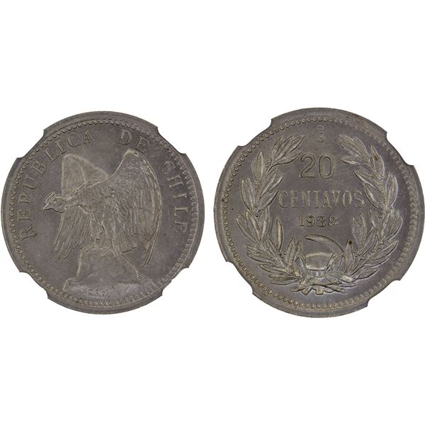 CHILE: Republic, 20 centavos, 1938-So, NGC MS66