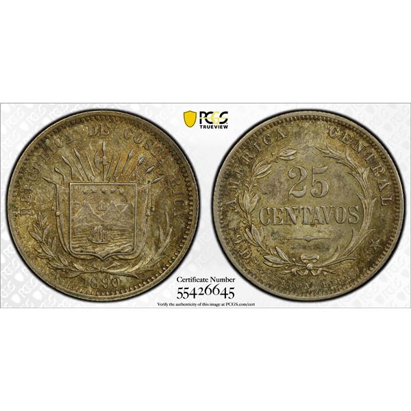 COSTA RICA: Republic, AR 25 centavos, 1890-H, PCGS MS63
