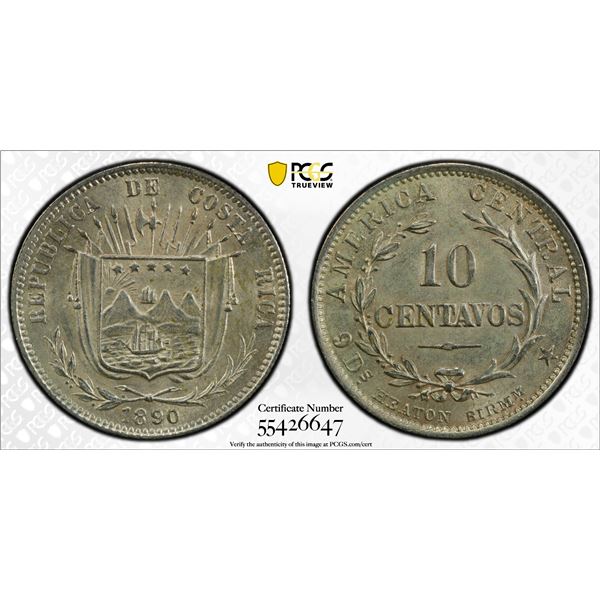 COSTA RICA: Republic, AR 10 centavos, 1890, PCGS MS63
