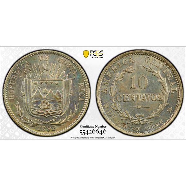 COSTA RICA: Republic, AR 10 centavos, 1892, PCGS MS63