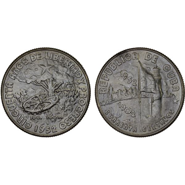 CUBA: Republic, AR 40 centavos, 1952, Unc
