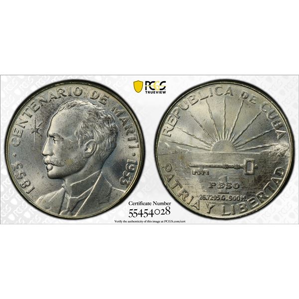 CUBA: Republic, AR peso, 1953, PCGS MS64