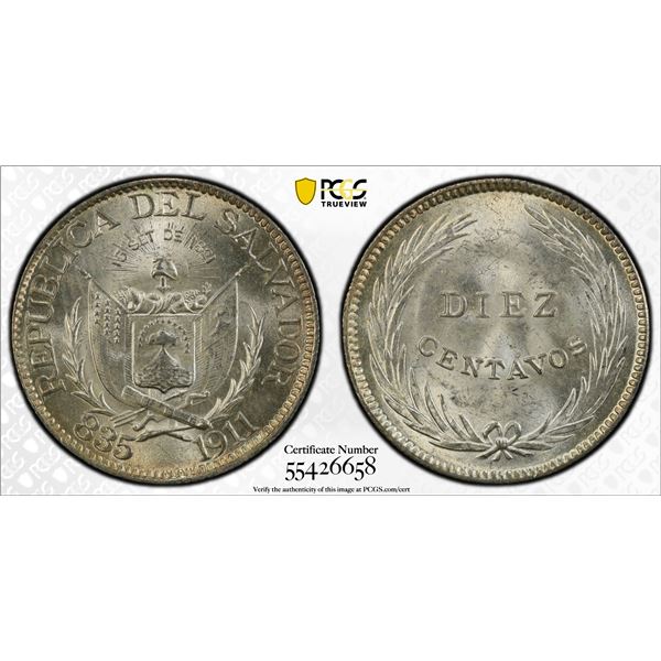 EL SALVADOR: Republic, AR 10 centavos, 1911, PCGS MS64