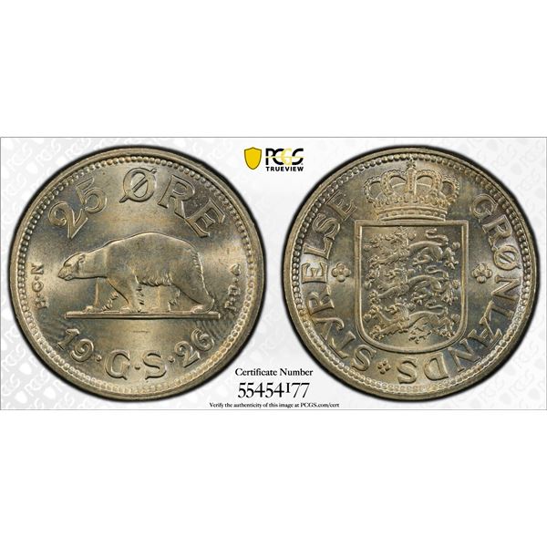 GREENLAND: Christian X, 1912-1947, 25 øre, 1926, PCGS MS64