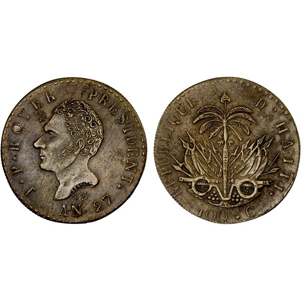HAITI: Republic, AR 100 centimes, AN 27 (1830), AU