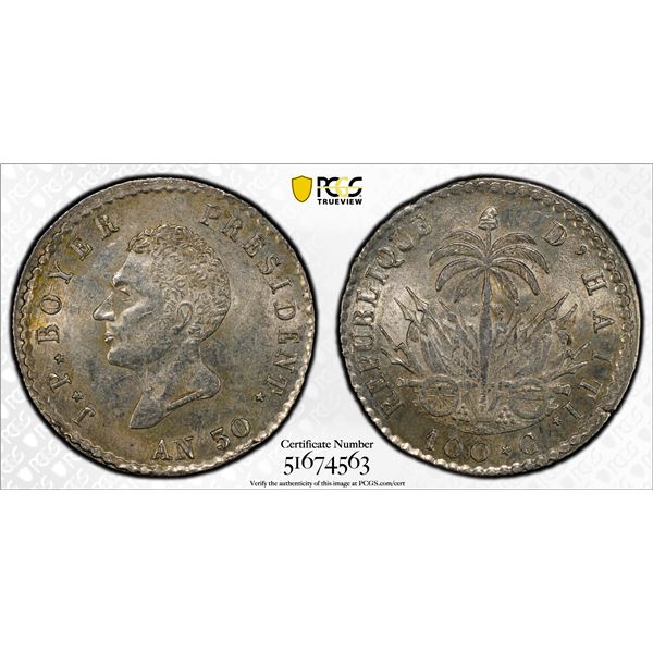 HAITI: Republic, AR 100 centimes, AN 30 (1833), PCGS AU58
