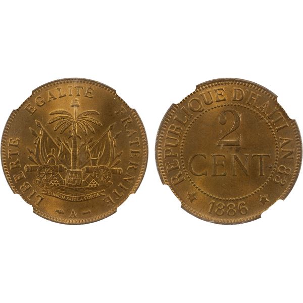 HAITI: Republic, AE 2 centimes, 1886/AN 83, NGC MS65 RB
