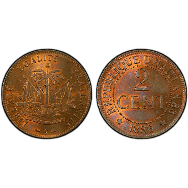 HAITI: First Republic, AE 2 centimes, 1886-A, PCGS MS64 RB