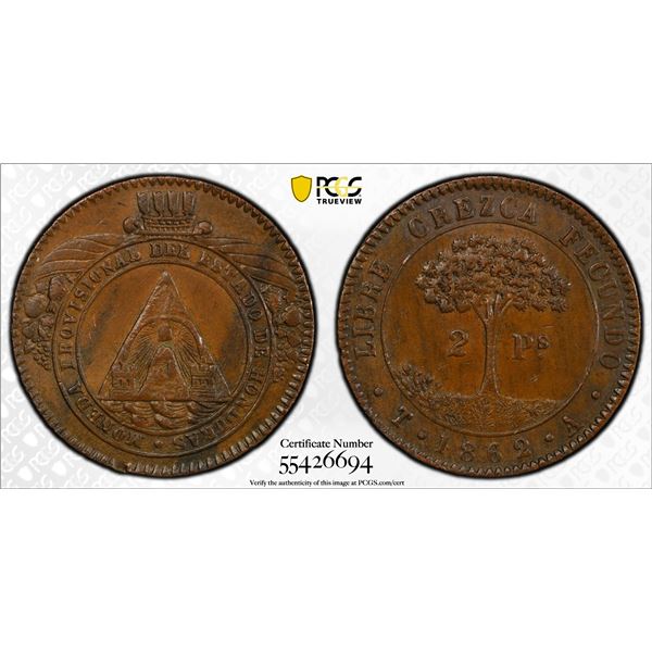 HONDURAS: Republic, AE 2 pesos, 1862, PCGS MS63 BN