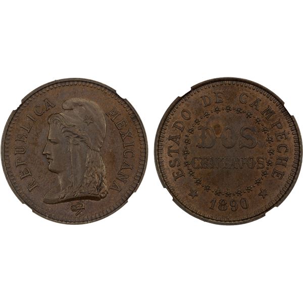 MEXICO: Lauer Fantasy Issues, AE 2 centavos, Campeche Province, 1890, NGC MS64 BN