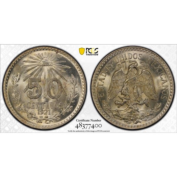 MEXICO: Estado Unidos, AR 50 centavos, 1921-M, PCGS MS66