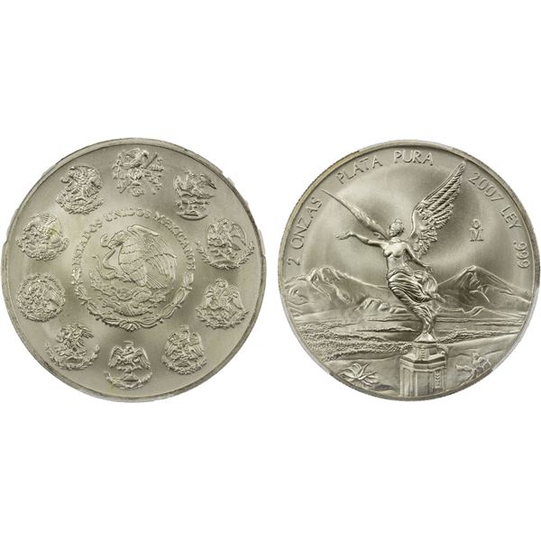MEXICO: Estados Unidos, AR 2 onzas, 2007-Mo, PCGS MS69