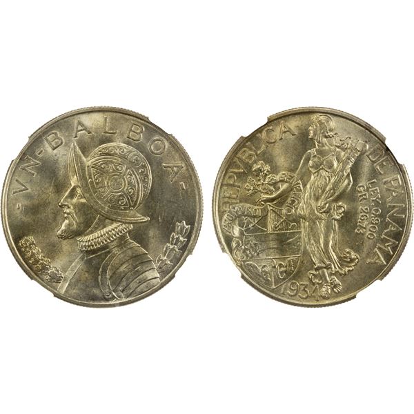 PANAMA: Republic, AR balboa, 1934, NGC MS63