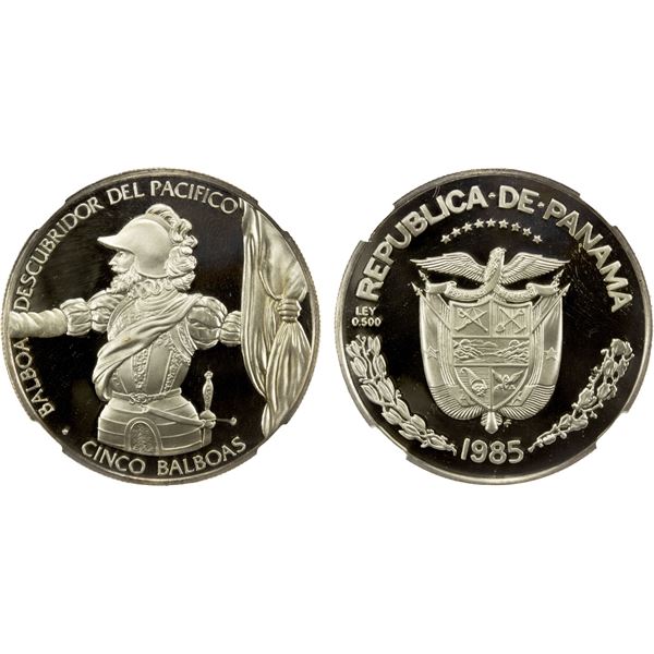 PANAMA: Republic, AR 5 balboas, 1985-FM, NGC Proof 68 Ultra Cameo