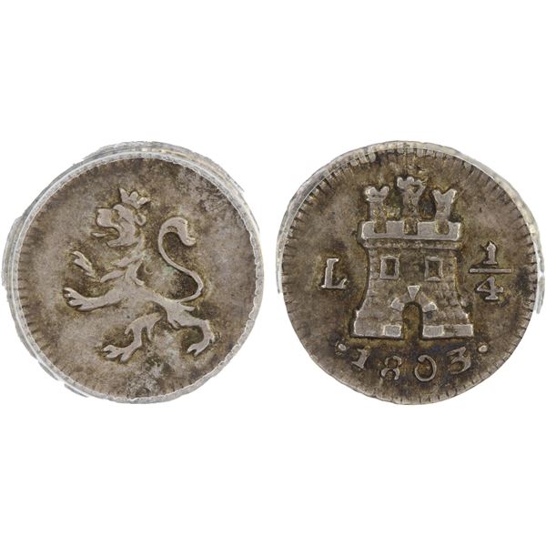 PERU: Carlos IV, 1788-1808, AR 1/4 real, Lima, 1803-L, PCGS AU58